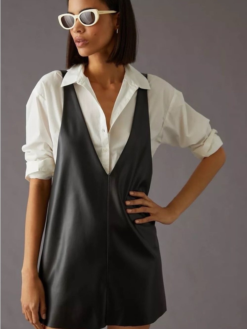 Sunday in Brooklyn Black Faux Leather Deep V-Neck Pinafore Slip Dress S $120